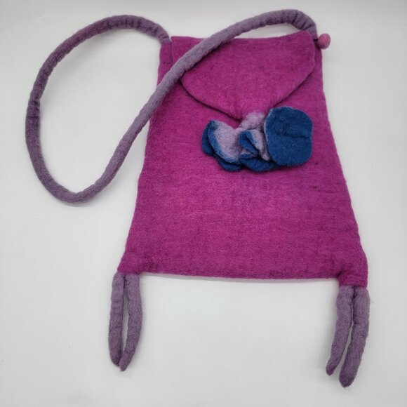 Wool Purse Handmade In Nepal 100% Wool Crossbody‎ Bag Bright Mauve W/ Flower - Picture 1 of 10